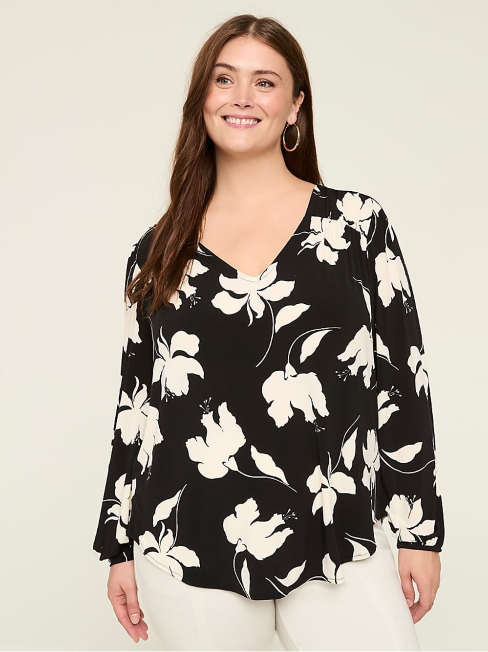 Lane Bryant Black and White Floral V-Neck Long Sleeve Top